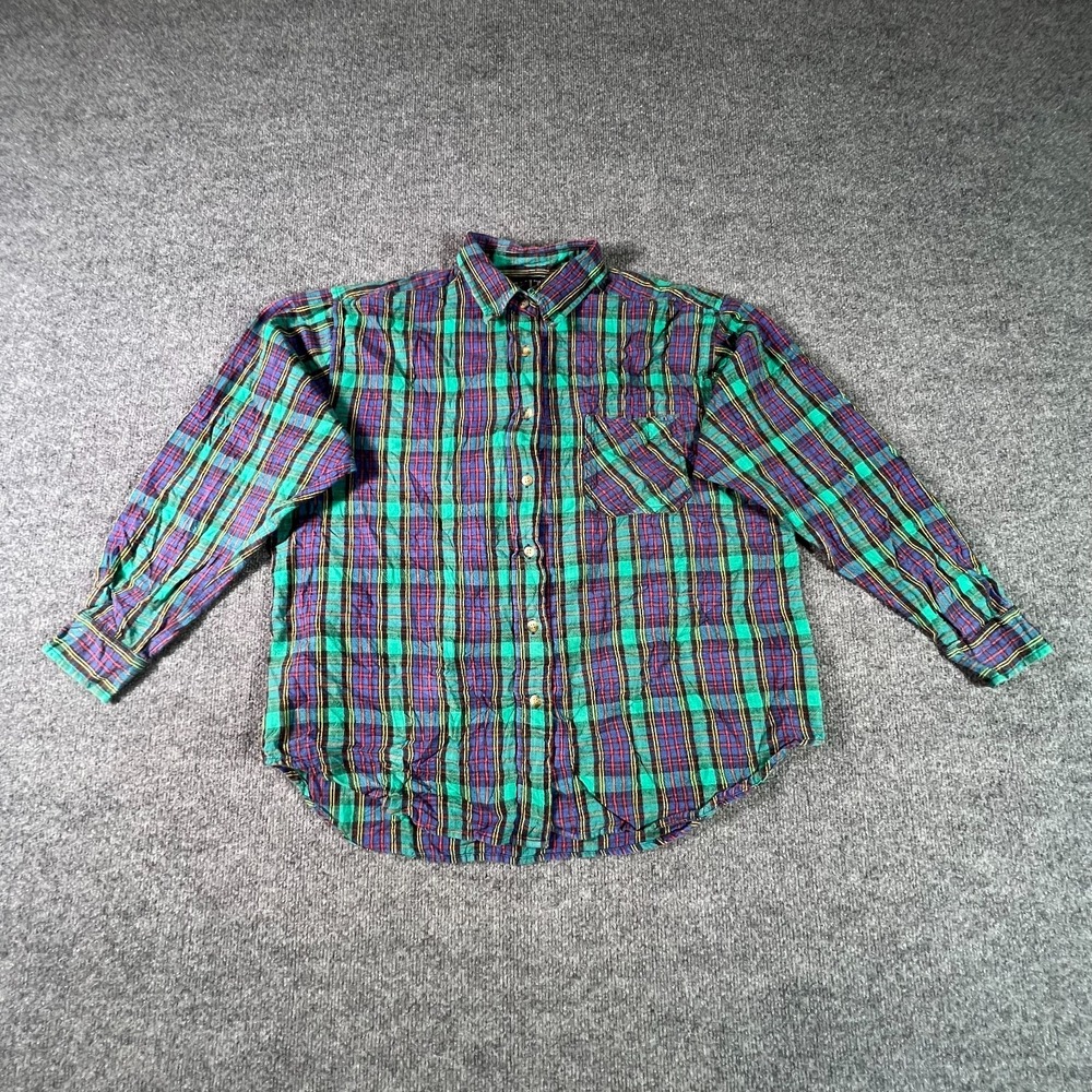 VTG QUIZZ New York Flannel Shirt Mens XL Green Purple Plaid Cotton Button Front